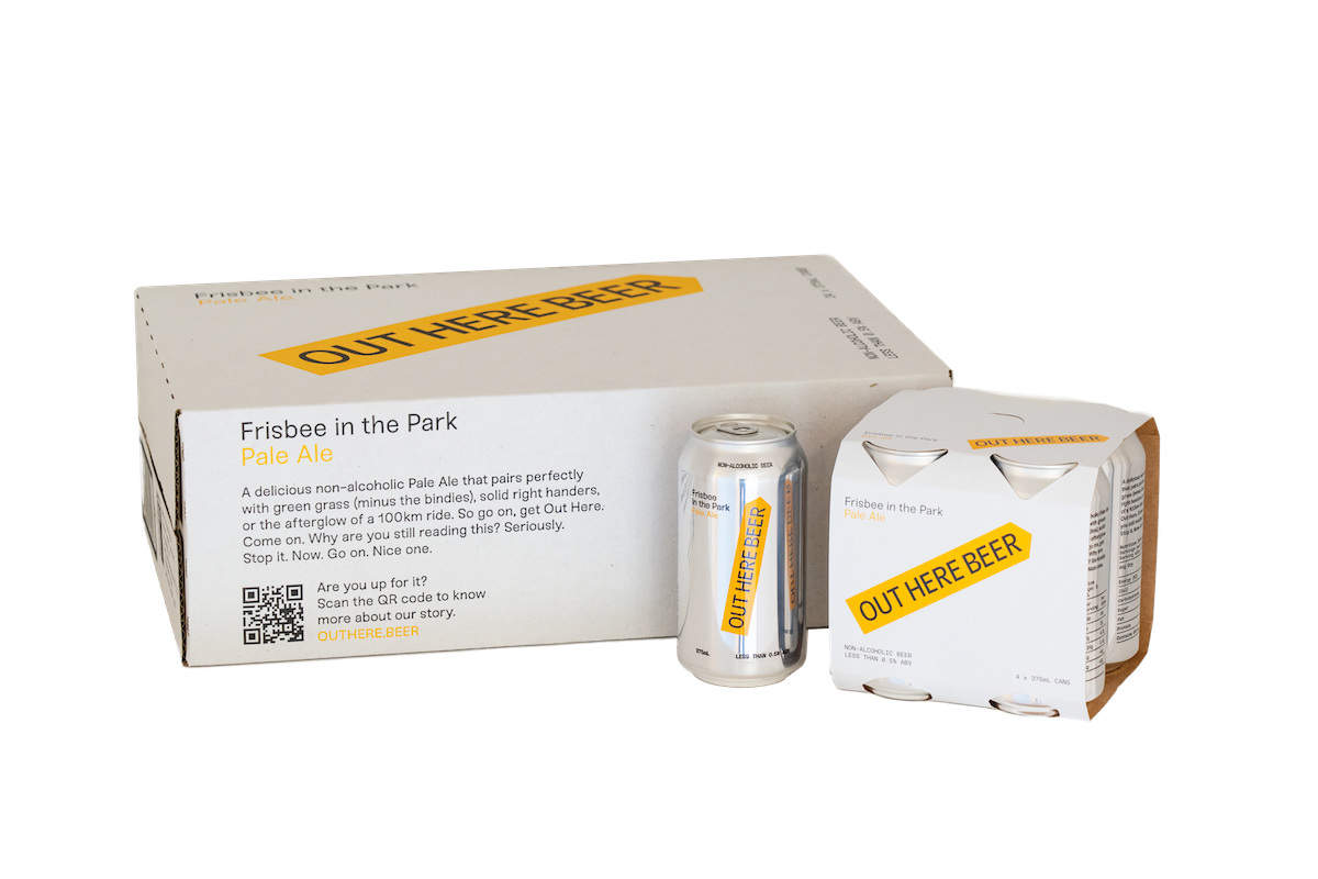 OUT HERE BEER FRISBEE IN THE PARK NON-ALCOHOLIC PALE ALE 24 x 375ml CANS <0.5% ABV